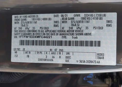 2021 Ford F-150 Xlt from USA, damaged, VIN 1FTFW1EDXMFC44221